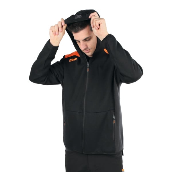 Felpa zip lunga con cappuccio, nera con inserti in grigio antracite - immagine 3